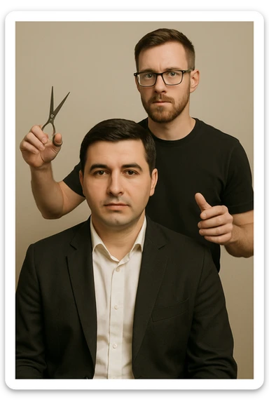 manashu akani yuzlaridan foydalanib sartarosh chizib bergin u soch olishga tayyor turganini chizib ber old rakursda bulsin mijoz tugriga qarab utirganini va sartarosh uni orqasida turib bitta ulida qaychi, ikkta quli bilan tayyorgarlik kurib turganini chizib ber xuddi 1,2,3 boshladik degandey birdaniga ishga kirishib ketadigan dek tayyor bulib tursin sticker