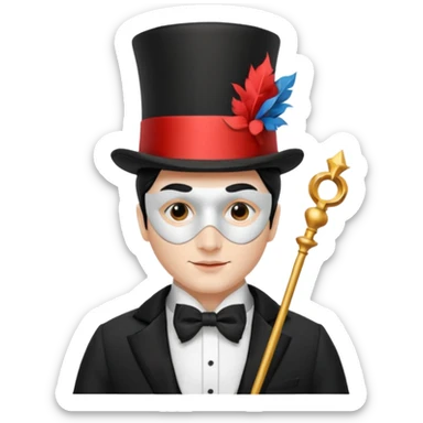 A french man with magician hat,half 🎭 mask on his head, white skin tone sticker