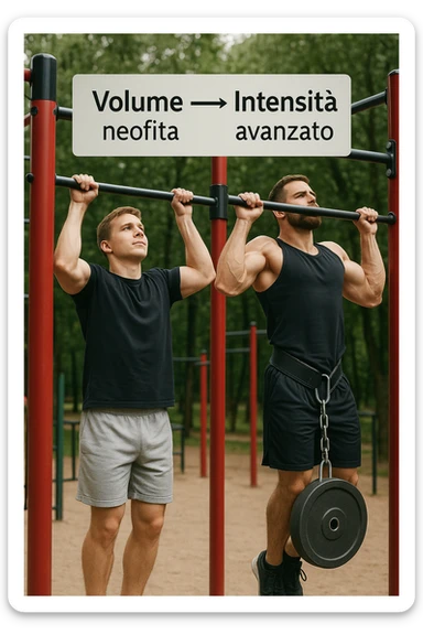 Due atleti fianco a fianco in un parco attrezzato: a sinistra il neofita che fa 10 trazioni leggere con concentrazione, a destra l’atleta avanzato con cintura zavorrata che fa 3 ripetizioni lente e pesanti. Tra loro, grafico sospeso in aria che mostra: 'Volume → neofita | Intensità → avanzato'. Stile realistico con elementi educativi visivi in italiano sticker