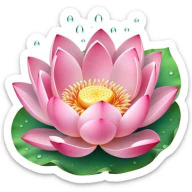 Beautiful pink lotus flower with delicate petals and round lotus leaf sticker