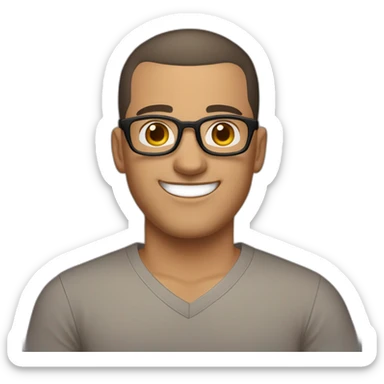 Late 30s man with buzz cut salt and pepper dark hair, thick frame glasses, with a round face and broad smile, medium nose, dark brown eyes, wearing a v-neck t-shirt sticker