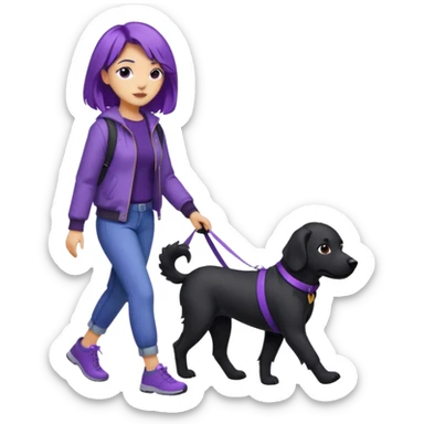 purple haired light skinned woman walking a big, black dog sticker
