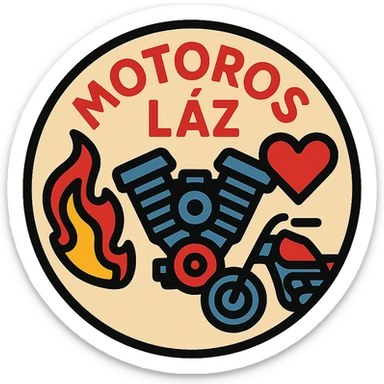 circular motorcycle cap design with the Hungarian phrase 'Motoros Láz', featuring motorcycle motifs like flame, motor, heart, passionate style sticker