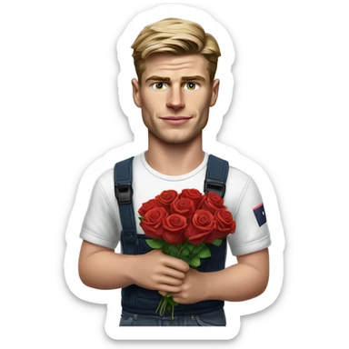 realistic photo of max verstappen in normal clothes holding roses and chocolates sticker