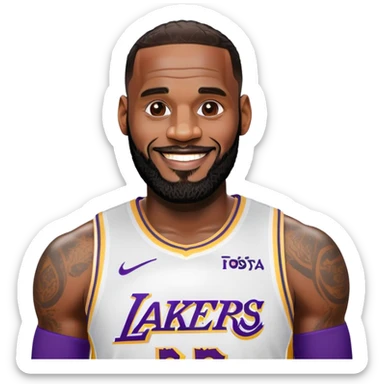 Happy smiling LeBron James in Lakers jersey with beard sticker
