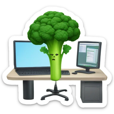 Generate a creative broccoli emoji sitting in front of a computer with a stylus, designing something on a screen. sticker