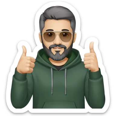 Latino man in his early 40s, with full beard not too long with gray hairs in the goatee, black hair, wearing a dark gray hoodie and dark green sunglasses, he is giving a thumbs up sign sticker