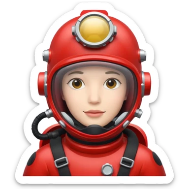 wearing a red scuba diving helmet with glass visor sticker