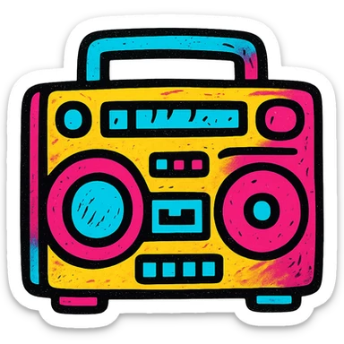 A boombox in Pop Colors style, with a graffiti-inspired design, urban vibe, spray-paint textures, and bright, contrasting colors sticker