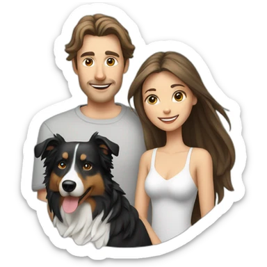 white family group of two consisting of man in hat and woman with long hair in ponytail and small border collie dog sticker
