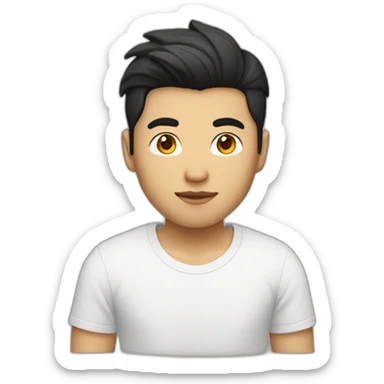 asian guy with blond hair and black hair roots, white tee shirt with fox logo sticker