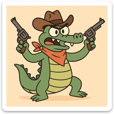 alligator in a cowboy hat, dual-wielding revolvers, playful cartoon style, fun and lively sticker