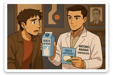 fai un webtoon manga a colori con questo stile, in cui un uomo ASCOLTA Il kinesiologo con il camice bianco (fagli anche la scritta "ANTONIO ANANIA" SUL CAMICE, IL KINESIOLOGO SPIEGA ALL'UOMO UNA MOSTRANDO VARI PRODOTTI DA SUPERMERCATO CONFEZIONATI (TIPO SCATOLA DI LATTE SENZA LATTOSIO, MOZZARELLA SENZA LATTOSIO), OGNI CONFEZIONE HA LA SCRITTA "SENZA LATTOSIO SULL'ETICHETTA. L'UOMO OSSERVA IL KINESIOLOGO CON ESPRESSIONE CONFUSA IN VOLTO. non fare i fumetti però, fai solo in modo che sembri stiano parlando sticker