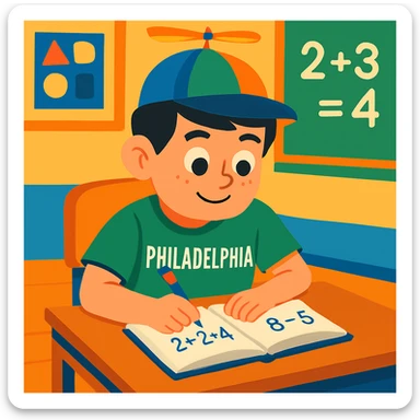 Change Little Johnny's hair to dark brown or black, keeping the rest of the scene the same: propellor hat spinning, Philadelphia sports shirt, at a math classroom desk, neatly working, positive and studious atmosphere, cartoon style. sticker