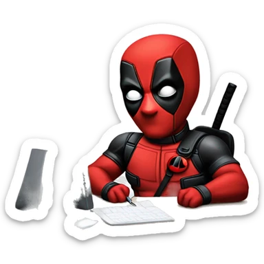 Cute Deadpool sitting at a desk, front view sticker