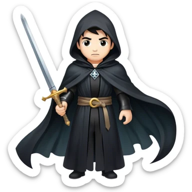 A mysterious swordsman in a black cloak, mist swirling around him sticker