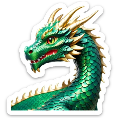 Cinematic Noble Dragon Portrait Emoji, Poised and majestic, with a sinuous, elongated body covered in intricately detailed, shimmering scales in hues of emerald and gold, and piercing, fiery eyes that reflect ancient wisdom; rendered with lifelike texture and natural highlights, high shine, intelligent and formidable, styled with an aura of mythic power, focused and attentive, soft glowing outline, capturing the essence of a legendary dragon that appears ready to soar out of the screen with timeless authority! sticker