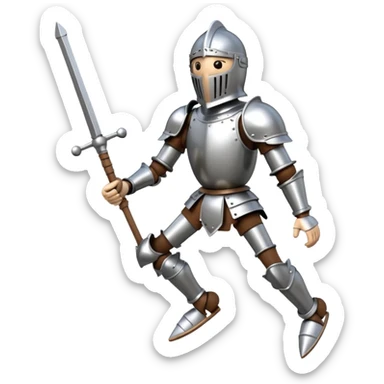 3D render of Knight Puppet as a wooden marionette puppet, Painted silver wood armor, strings, silver metal screw joints at elbows and knees, polished brown wood texture, rigid toy pose, emoji style, isolated on white background --v 6.0. sticker