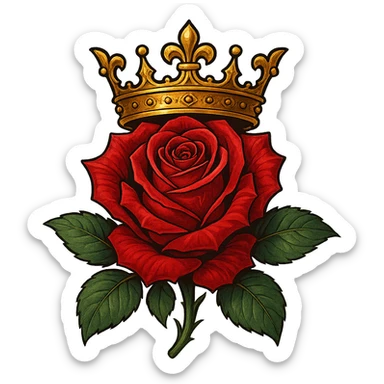a rose with a golden crown on top, detailed, elegant and regal, vibrant colors, stylized sticker
