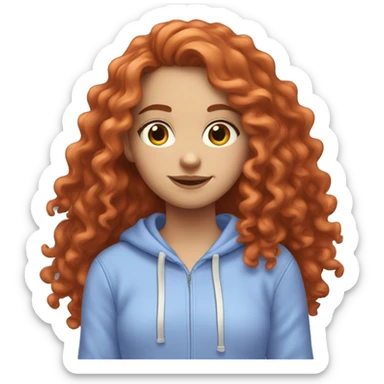 a white girl with long red curly hair, wearing a pastel periwinkle hoodie doing a pose sticker