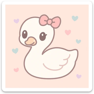 a white swan with a cute little pink bow on her head, charming and gentle expression, simple background, soft colors, kawaii style sticker