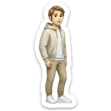 white guy in beige hoodie with brown hair and white shoes and a white gray pants sticker