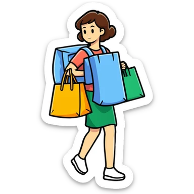 woman carrying something heavy on her back, cartoonish sticker style sticker