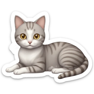 full body tiny short hair grey and white cat with white front legs anh azel eyes lying down sticker