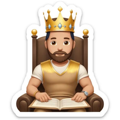 Buff bald bearded man wearing crown and cap, sitting on throne of documents, Instagram icon floating, golden glow, minimal emoji sticker