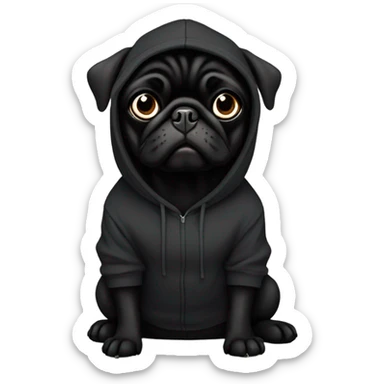 Black pug wearing a black hoodie sticker