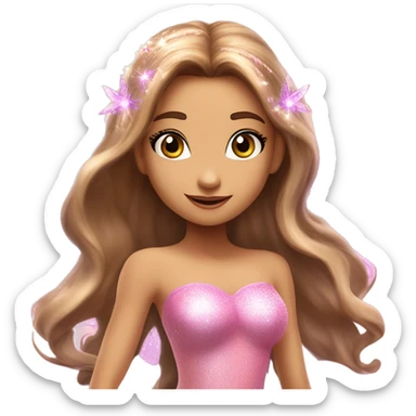 Flora the adult latina fairy of nature in her enchantix fairy pink clothing and fairy enchantix wings and long light brown hair from winx club. Small eyes, Lots of sparkles and fairydust. Full fairy bliss sticker