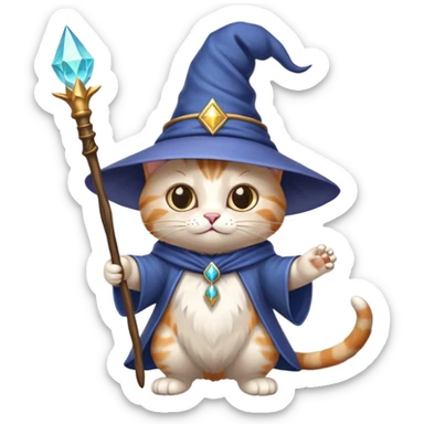 cat wizard with a pointed hat and magic wand sticker