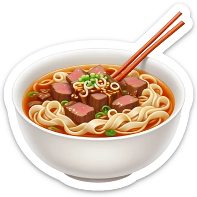 Lanzhou hand-pulled noodles with beef and broth, simplified emoji style with bold outlines and bright colors, cartoon style lamian in bowl sticker