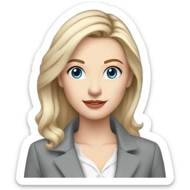 pale skin woman interior designer with cold blonde middle length hair, blue eyes, White blouse, Gray oversize jacket, Gray skirt holding a color palette in the hands sticker