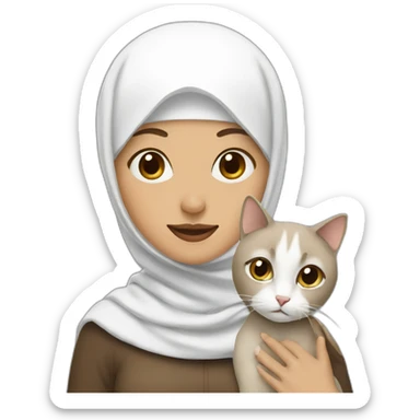 woman in brown hijab and her white cat sticker