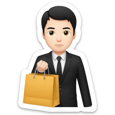 elegant serious man black hair in a black suit with clothing shopping bag sticker