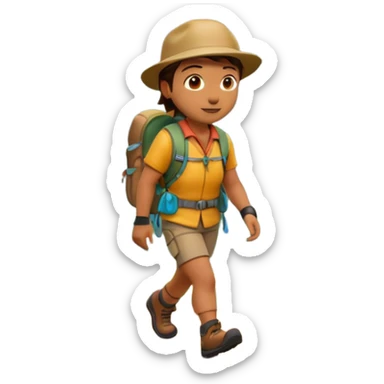 A 3D cartoon hiker walking on a forest trail with flowers and mountains in the distance, bright daylight, Memoji-style. sticker