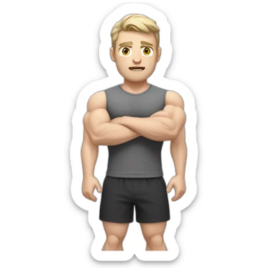 Confused Pale skinned Fit Man With the biceps and dark brown hair in black shirt, gray sports shorts and white Sneakers sticker