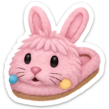 Make the light pink bunny slippers with a cute face look fuzzy in the style of emoji, with no background. sticker