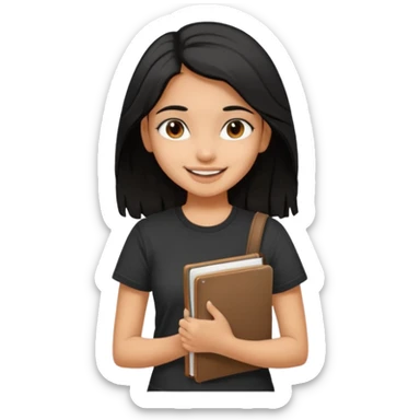 a pretty tan indian bratz girl with messy dark black hair, wearing a black tee carrying a sketchbook sticker