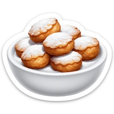 Buñuelo Cinematic Realistic Buñuelo Dessert Emoji, depicted as perfectly round, fluffy fritters served in a small bowl with a dusting of powdered sugar, rendered with vibrant textures and warm, inviting lighting. sticker