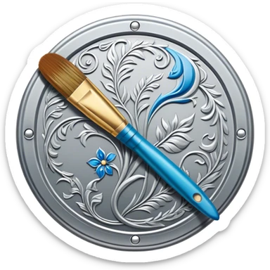 Metal painting icon, intricate hand-painted metal surface with detailed patterns, visible paintbrush, metal tools, vibrant enamel or acrylic paints, finished artwork and the painting process, minimalistic style, clean lines, transparent background. sticker