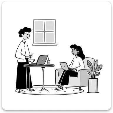 escenary 3d of a cozy mid-century living room with two people working on laptops, one man standing at a desk, and one woman sitting on a couch sticker