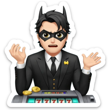 disheveled bat man losing money at a slot machine, panicked face, coins flying sticker