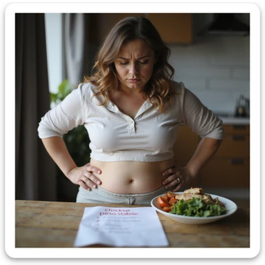 hyperrealistic 4K detailed image of a woman with PCOS, overweight body on abdomen and hips, sitting at a table with a plate of healthy food (salad, chicken, vegetables), list of diet or exercise attempts on the table with the phrase 'peso stabile' highlighted in red, disappointed expression sticker