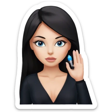 Glamours, tanned, beautiful, girl, with blue eyes, big pump peach-beige-rose lips, eyeliner, long lashes, black straight smooth silky long hair, parting hair in the middle,  in black v-neck bodysuit long sleeves sticker