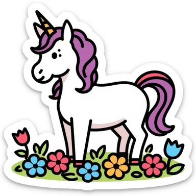 unicorn standing in a field of flowers sticker