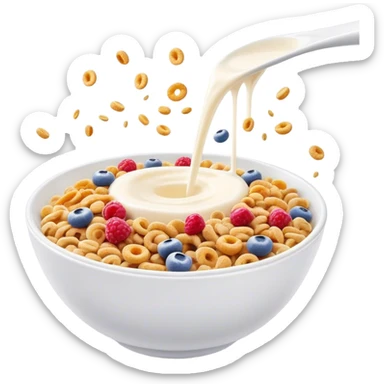 Cinematic crunchy cereal, vibrant and colorful, splashing into a bowl of cold milk, soft glowing background, dynamic movement, playful and inviting, nostalgic and fun. sticker