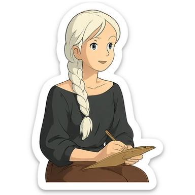 female therapist, youthful, long white braided hair, black off-shoulder blouse, sitting pose, ghibli style sticker
