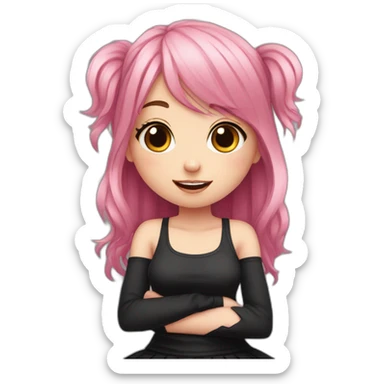 Full body Front view curvy emo girl pink hair sits on the floor straight view hands up black skirt полосатые рваные чулки sticker